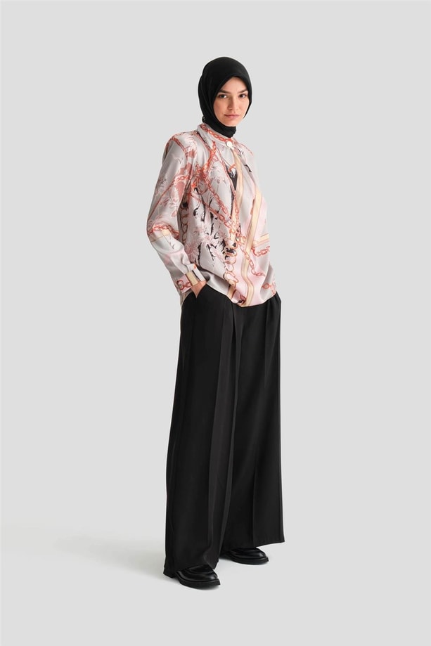 Armine Yakası Dökümlü Desenli Bluz 24K3617 Vizon