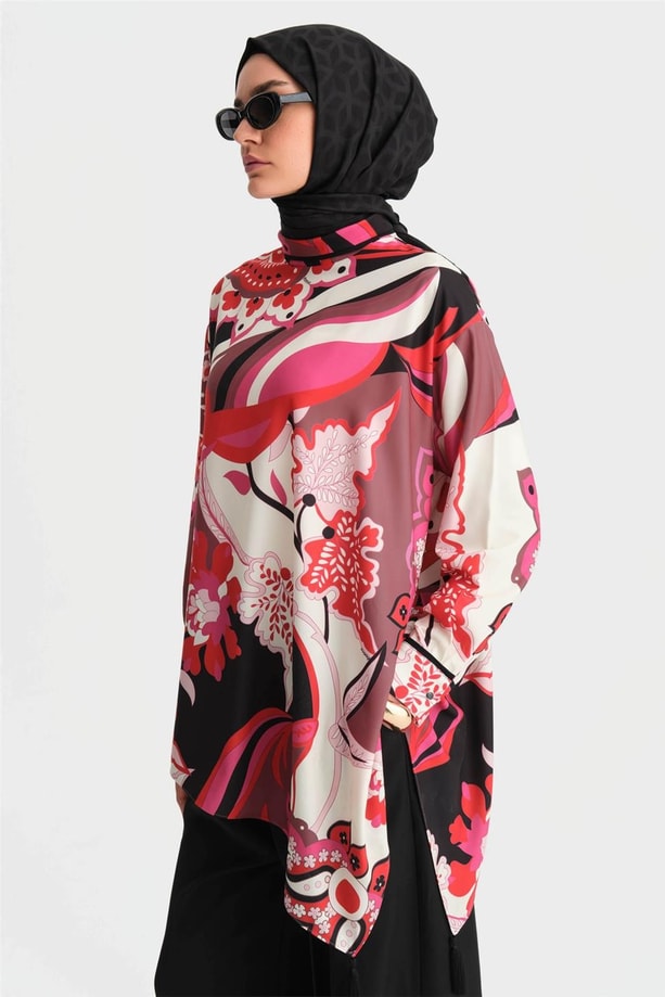Armine Desenli Asimetrik Bluz 24K3623 Kırmızı
