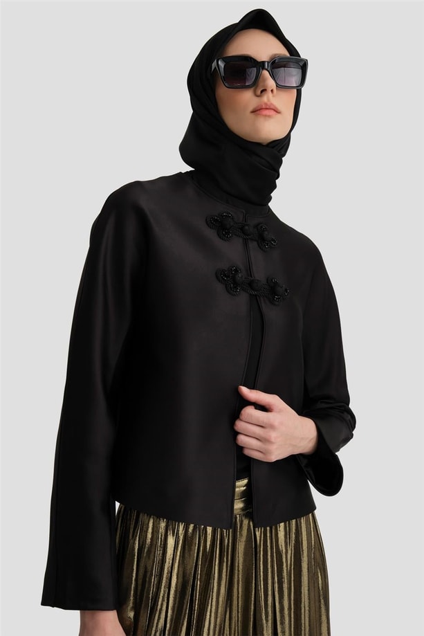 Armine Saten Crop Ceket 24K5700 Siyah