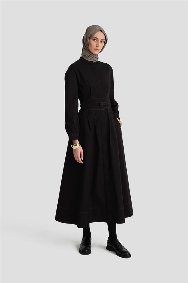 Armine Kemer Detaylı Gabardin Elbise 24K9915 Siyah