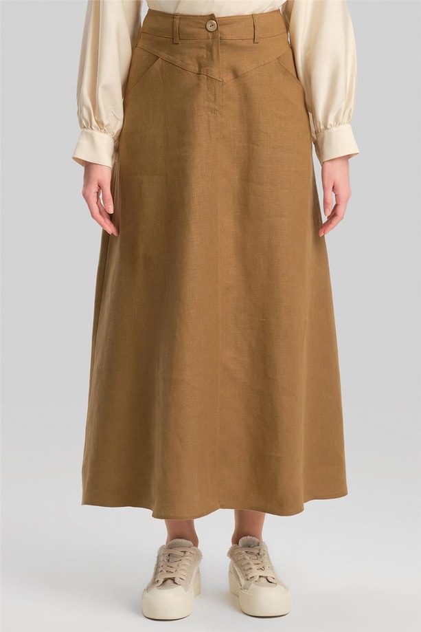 Armine Cep Detaylı Keten Etek 24Y1634 Camel