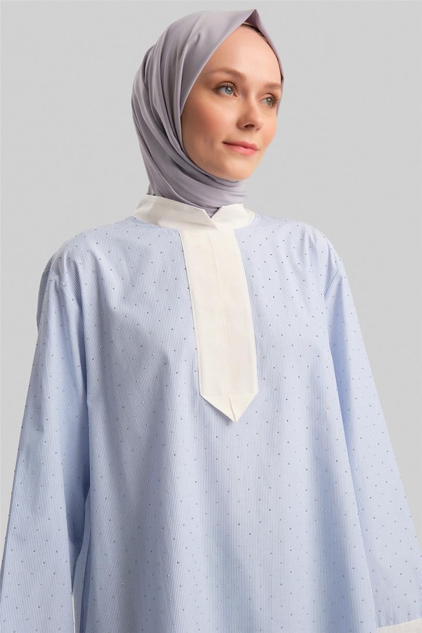 Armine Grogrenli ve Taşlı Çizgili Gömlek24Y3556 Mavi