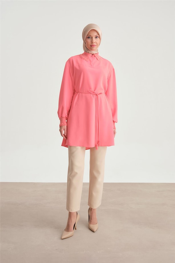 Armine Dantel Ribanalı Tunik 24Y4006 Koyu Pembe