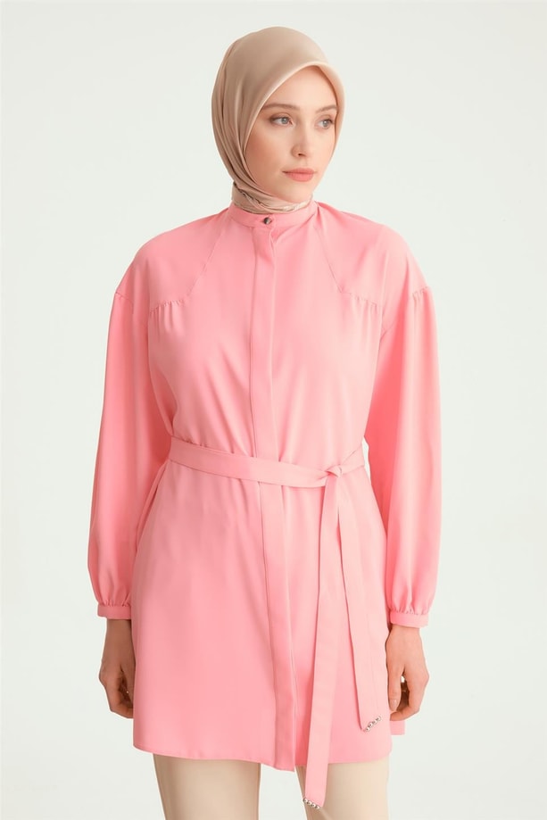 Armine Üçgen Robalı Kuşaklı Tunik 24Y4007 Şeker Pembe