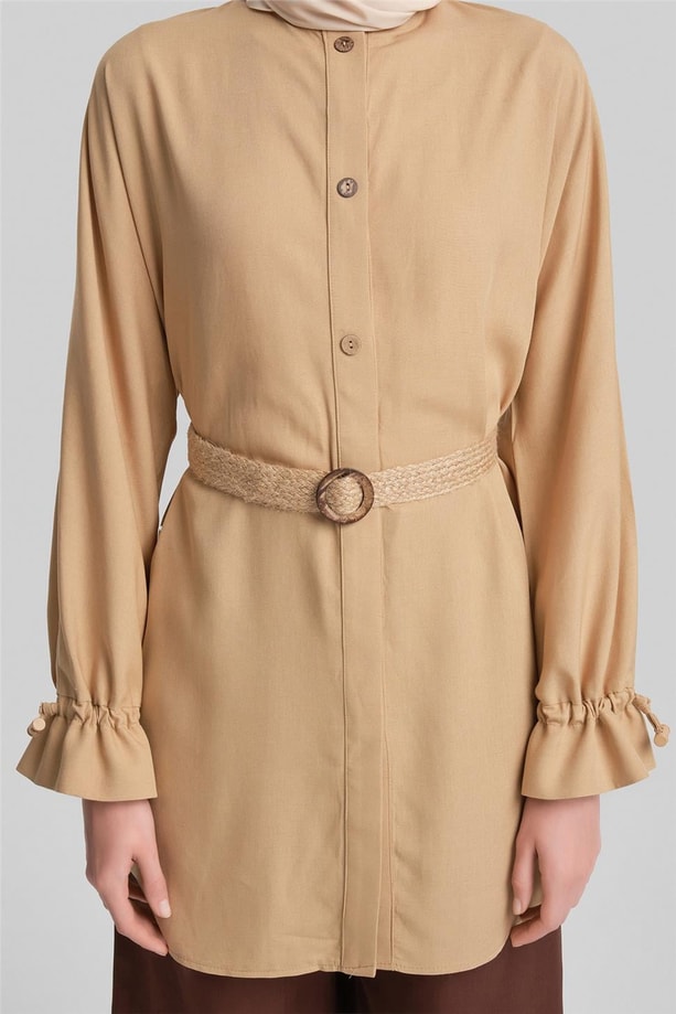 Armine Bütün Kollu Viskon Keten Tunik 24Y4018 Camel