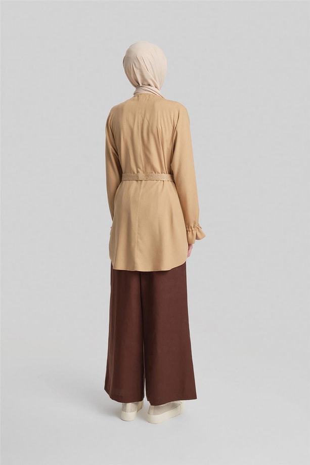 Armine Bütün Kollu Viskon Keten Tunik 24Y4018 Camel