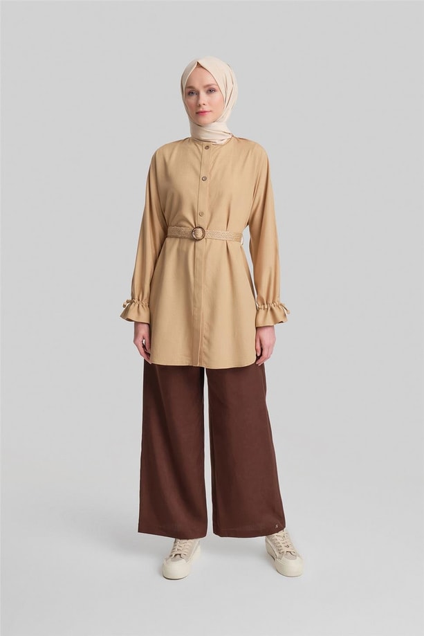 Armine Bütün Kollu Viskon Keten Tunik 24Y4018 Camel