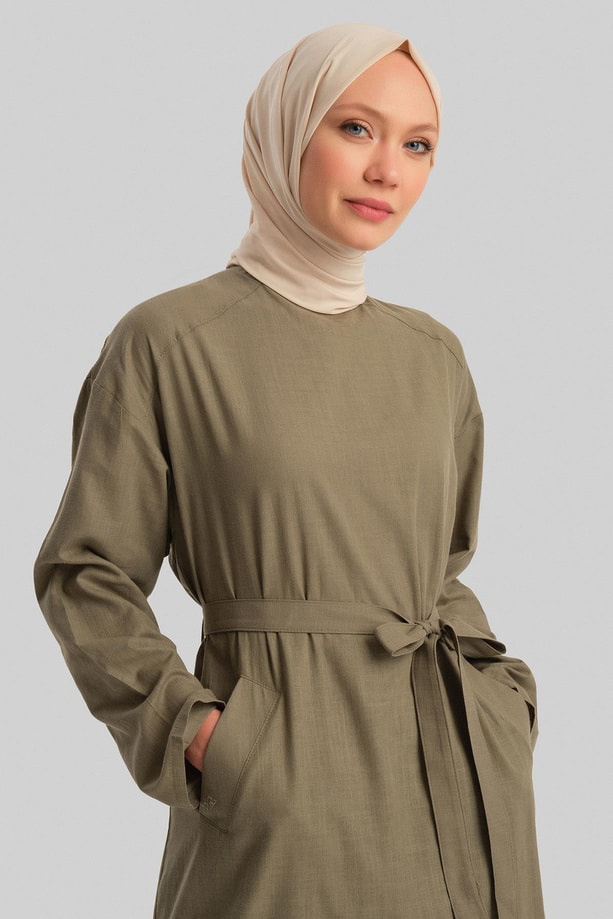 Armine Kuşaklı Pamuk Keten Tunik Elbise 24Y4103 Haki