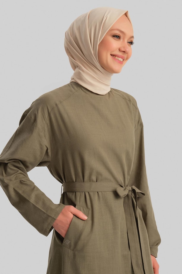 Armine Kuşaklı Pamuk Keten Tunik Elbise 24Y4103 Haki
