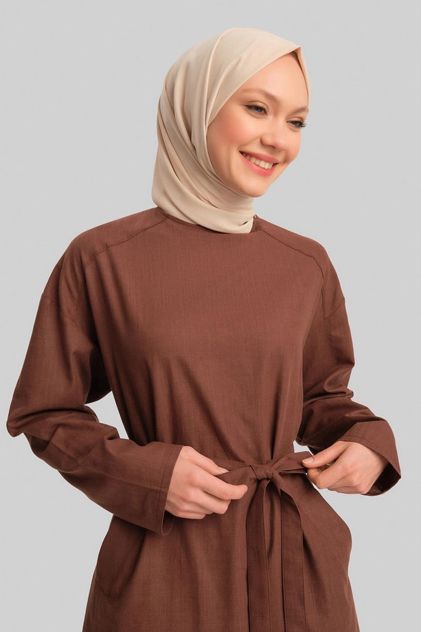 Armine Kuşaklı Pamuk Keten Tunik Elbise 24Y4103 Kahverengi