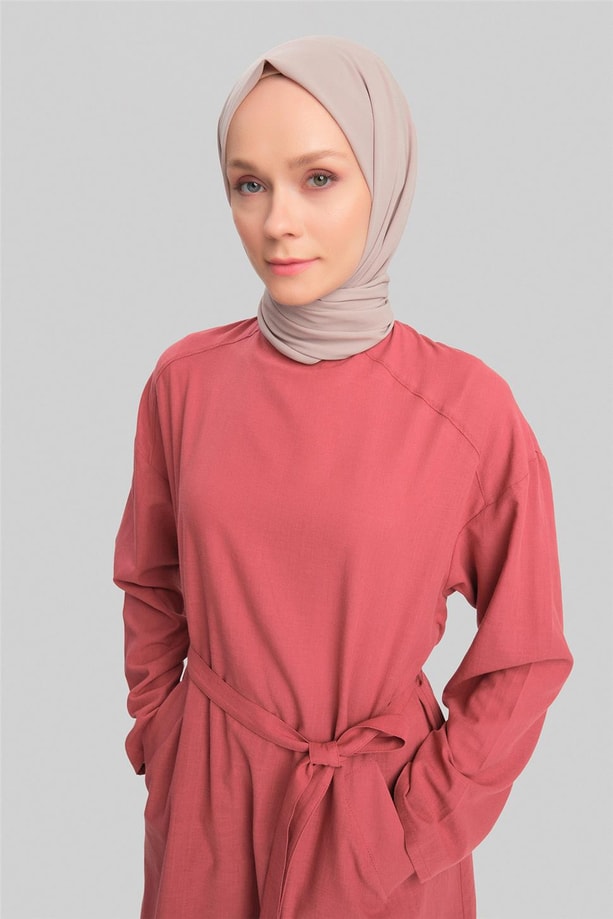 Armine Kuşaklı Pamuk Keten Tunik Elbise 24Y4103 Vişne