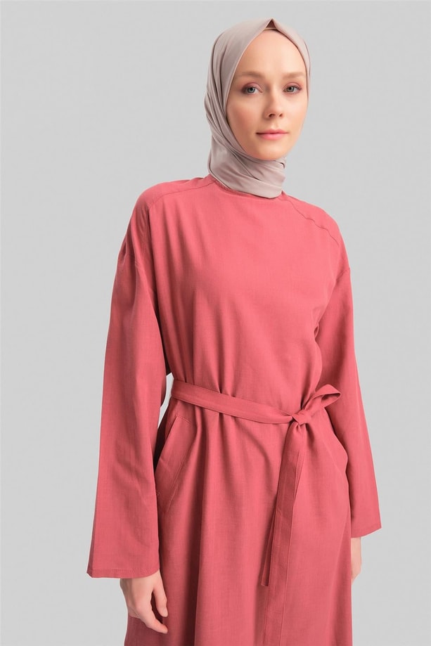 Armine Kuşaklı Pamuk Keten Tunik Elbise 24Y4103 Vişne