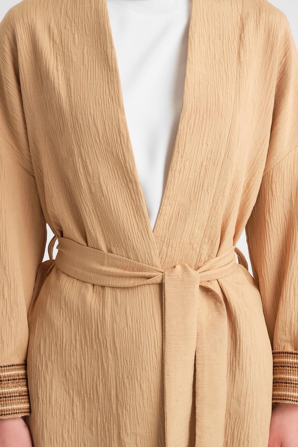 Armine Dokulu Kumaştan Kimono Takım 24Y6812 Camel