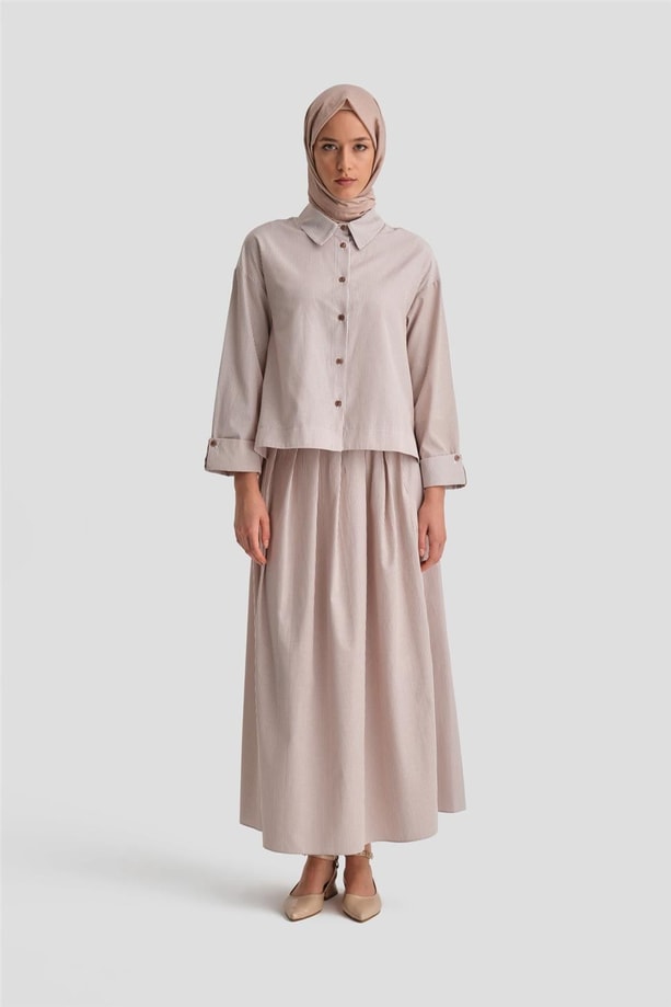Armine Plise Etekli Çizgili Takım 24Y6851 Camel