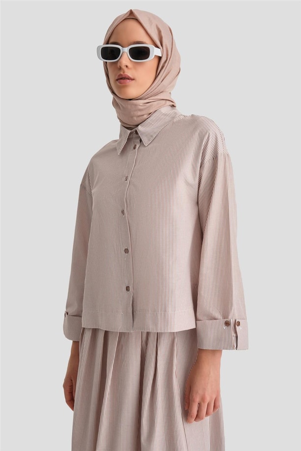 Armine Plise Etekli Çizgili Takım 24Y6851 Camel