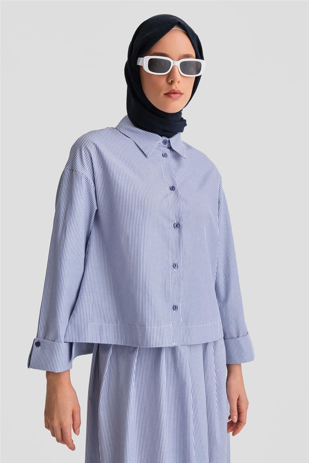 Armine Plise Etekli Çizgili Takım 24K6851 İndigo