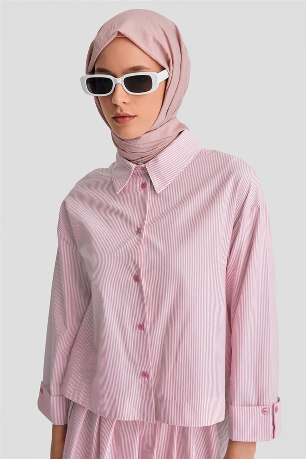 Armine Plise Etekli Çizgili Takım 24K6851 Pembe