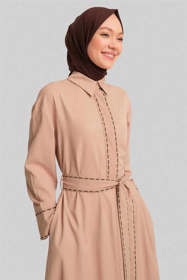 Armine Dikiş Efektli Bağlamalı Elbise 24Y9809 Bisküvi