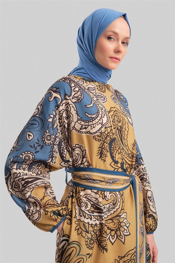 Armine Bordüp Detaylı Desenli Elbise 24Y9826 Safran