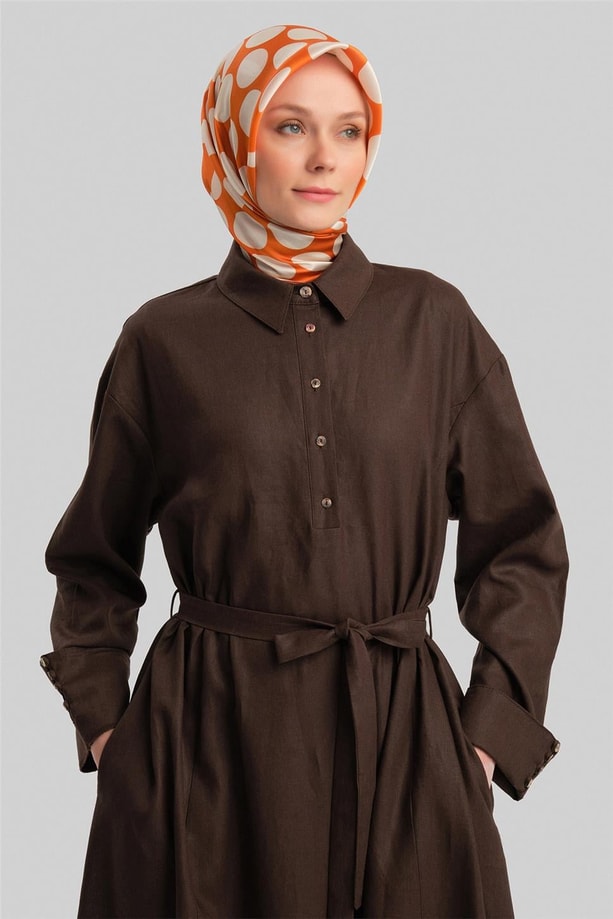 Armine Kalın Manşetli Keten Elbise 24Y9830 Acı Kahve