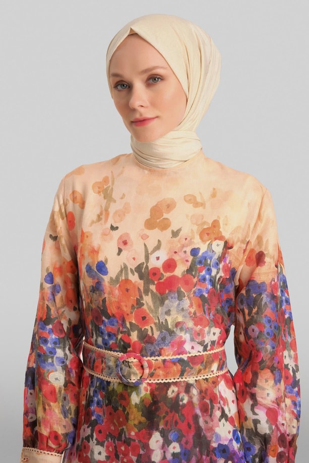 Armine Şerit Detaylı Desenli Keten elbise 24Y9836 Şeftali