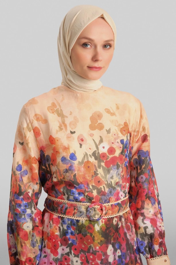 Armine Şerit Detaylı Desenli Keten elbise 24Y9836 Şeftali