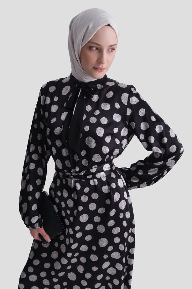 Puantiye Desenli Elbise Siyah