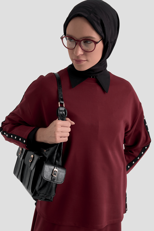 Şeritli Örme Takım Bordo