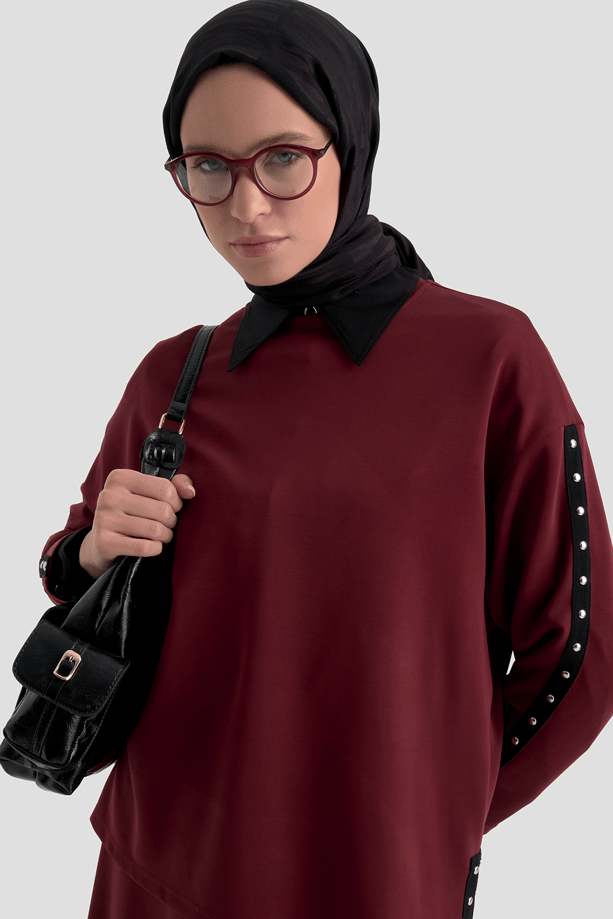 Şeritli Örme Takım Bordo