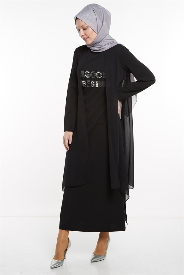 Armine Şifon Detaylı Elbise 8K9625 Siyah