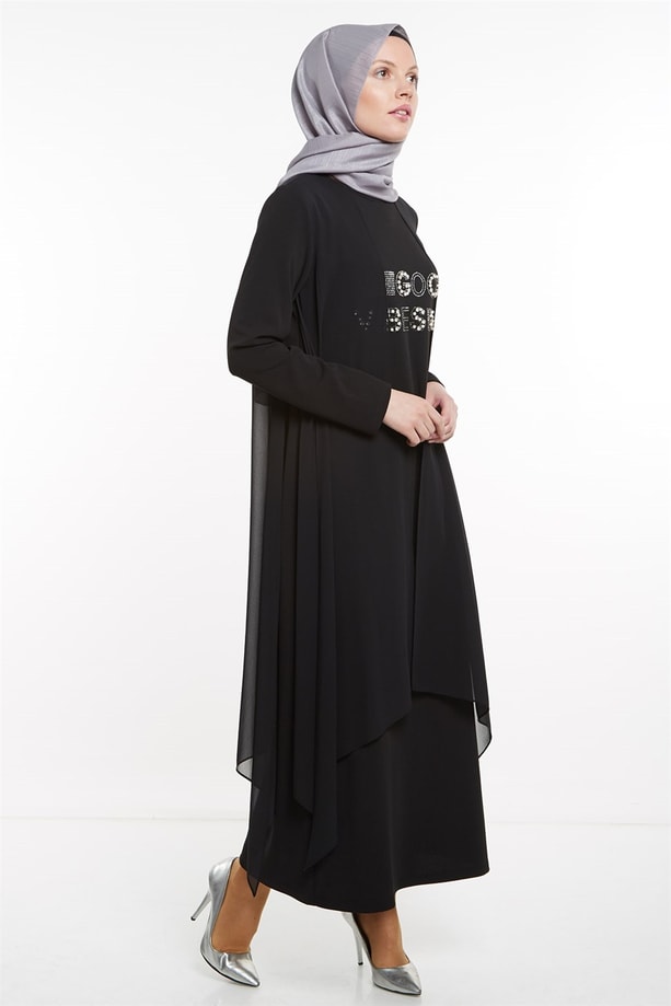 Armine Şifon Detaylı Elbise 8K9625 Siyah