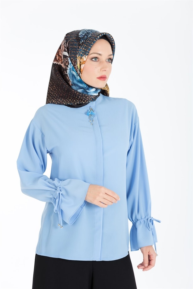 Armine Bağcık Bağlamalı Gömlek 8Y3468 Gri Mavi