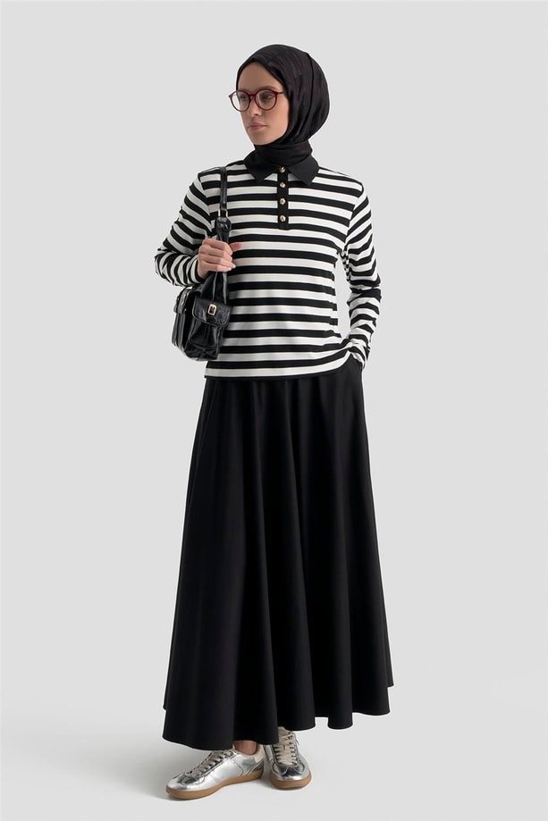 Çizgili Yakalı Badi Beyaz