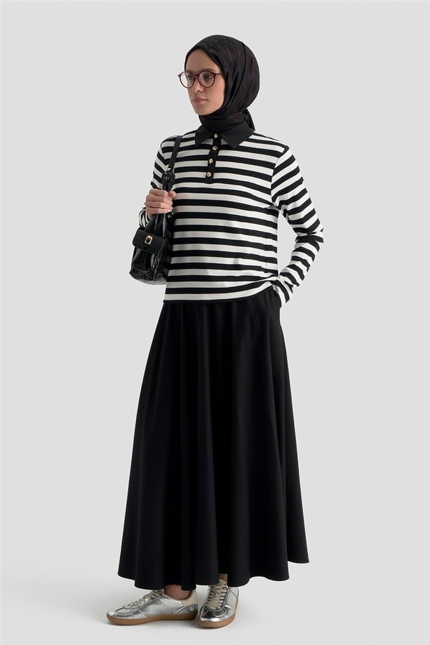 Çizgili Yakalı Badi Beyaz