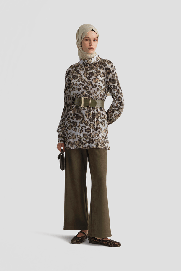 Leopar Desenli Bluz Camel