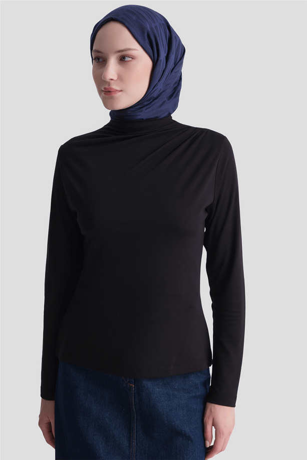 Degaje Yaka Örme Rayon Bluz Siyah