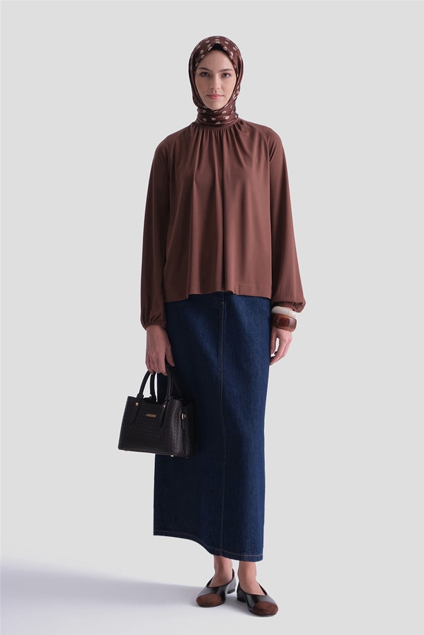 Yakası Büzgülü Rayon Bluz Kakao