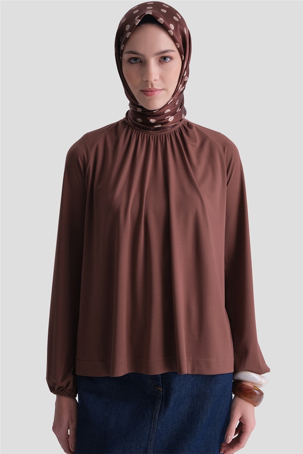 Yakası Büzgülü Rayon Bluz Kakao