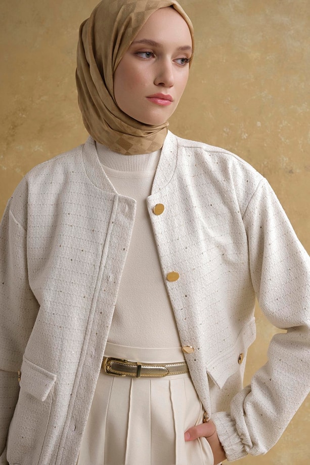 Sim Detaylı Bomber Ceket Beyaz