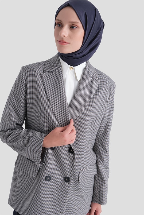 Pullu Ekose Desen Blazer Ceket Gri