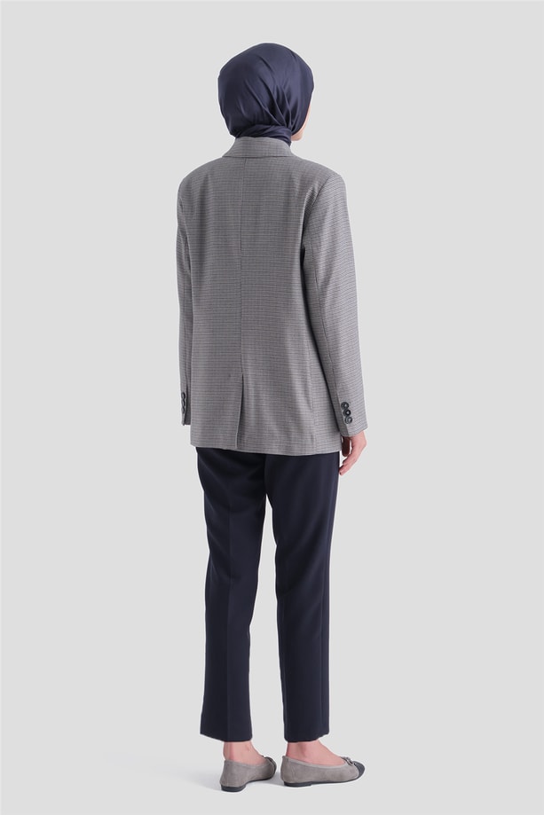 Pullu Ekose Desen Blazer Ceket Gri