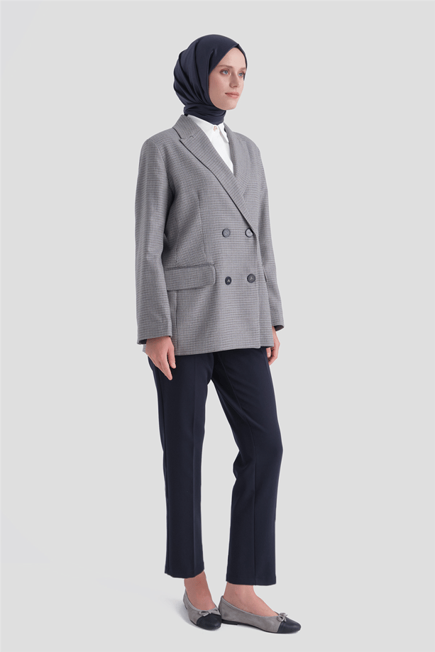 Pullu Ekose Desen Blazer Ceket Gri