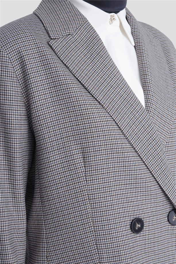 Pullu Ekose Desen Blazer Ceket Gri