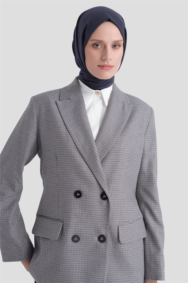 Pullu Ekose Desen Blazer Ceket Gri