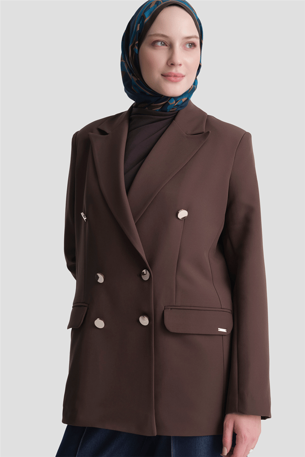 Gold Düğmeli Blazer Ceket Kahverengi 