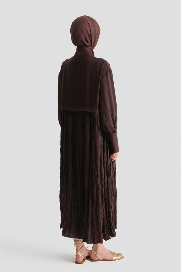 Kırışık Efektli Kupra Elbise Acı Kahve