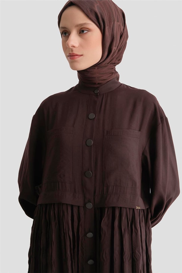 Kırışık Efektli Kupra Elbise Acı Kahve