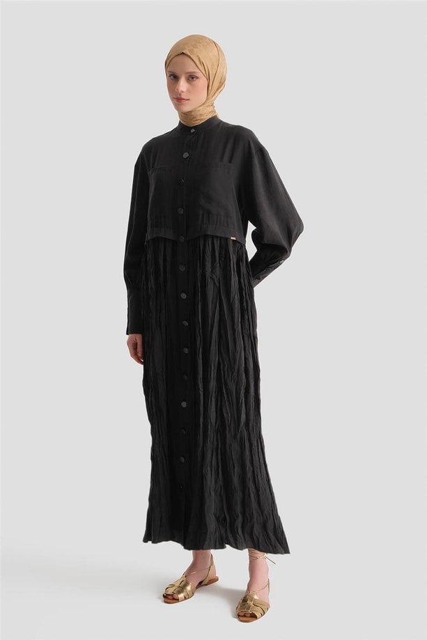 Kırışık Efektli Kupra Elbise Siyah