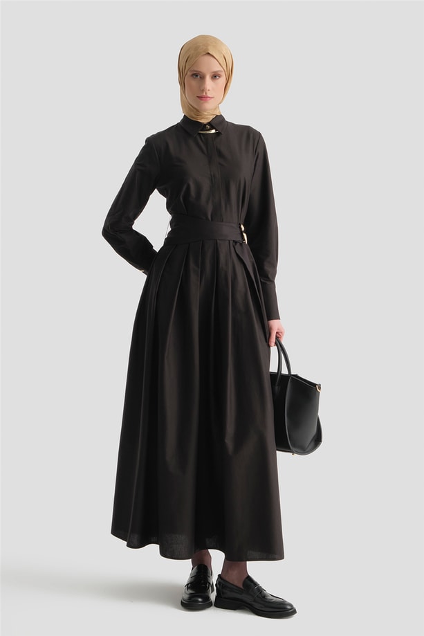 Kemer Detaylı Pamuk Elbise Siyah