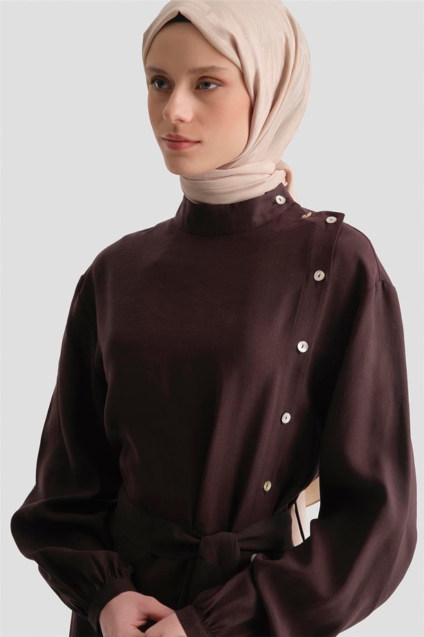 Sedefli Kupra Elbise Acı Kahve